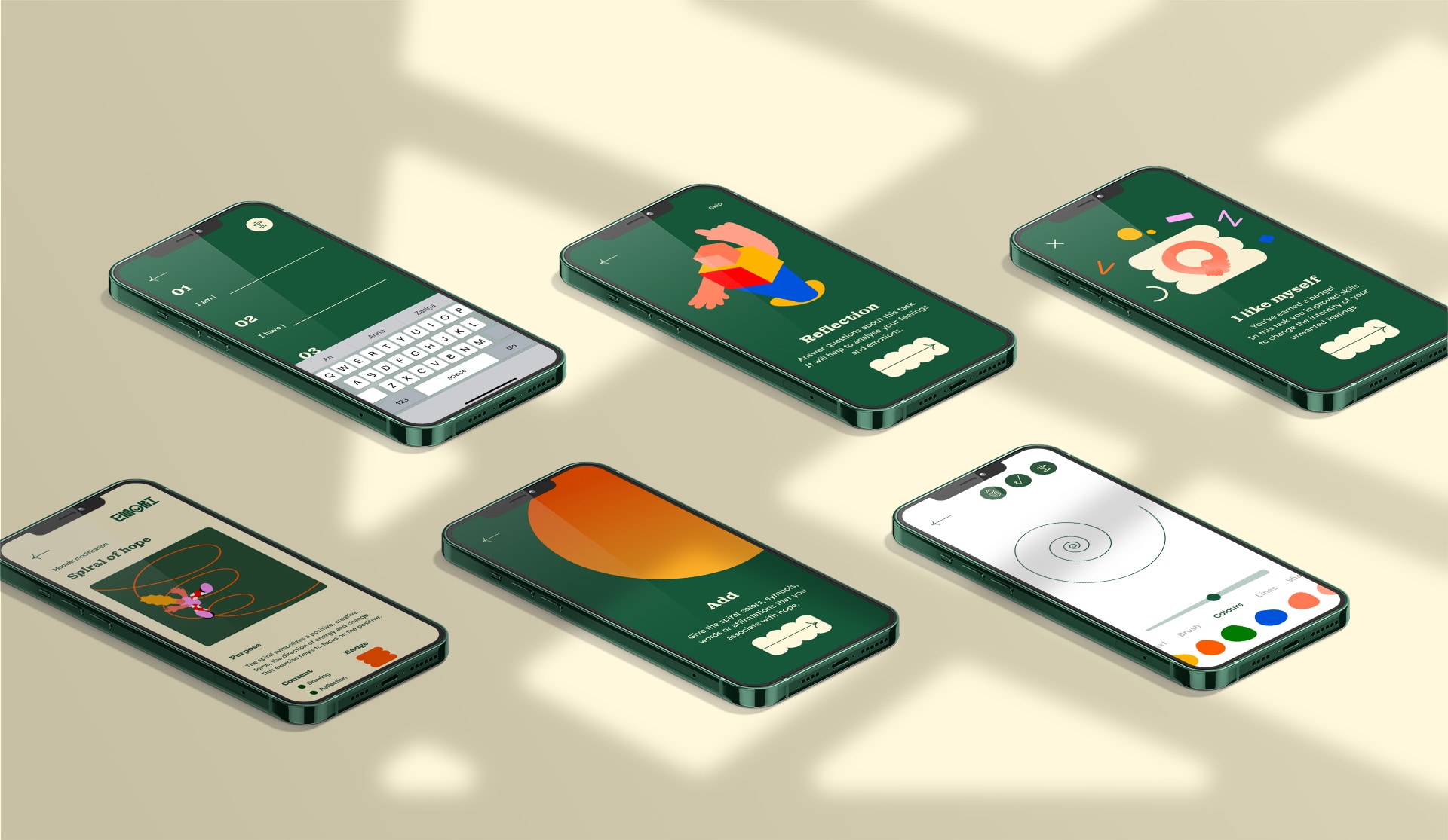 Multiple phone screens showing the Emori app