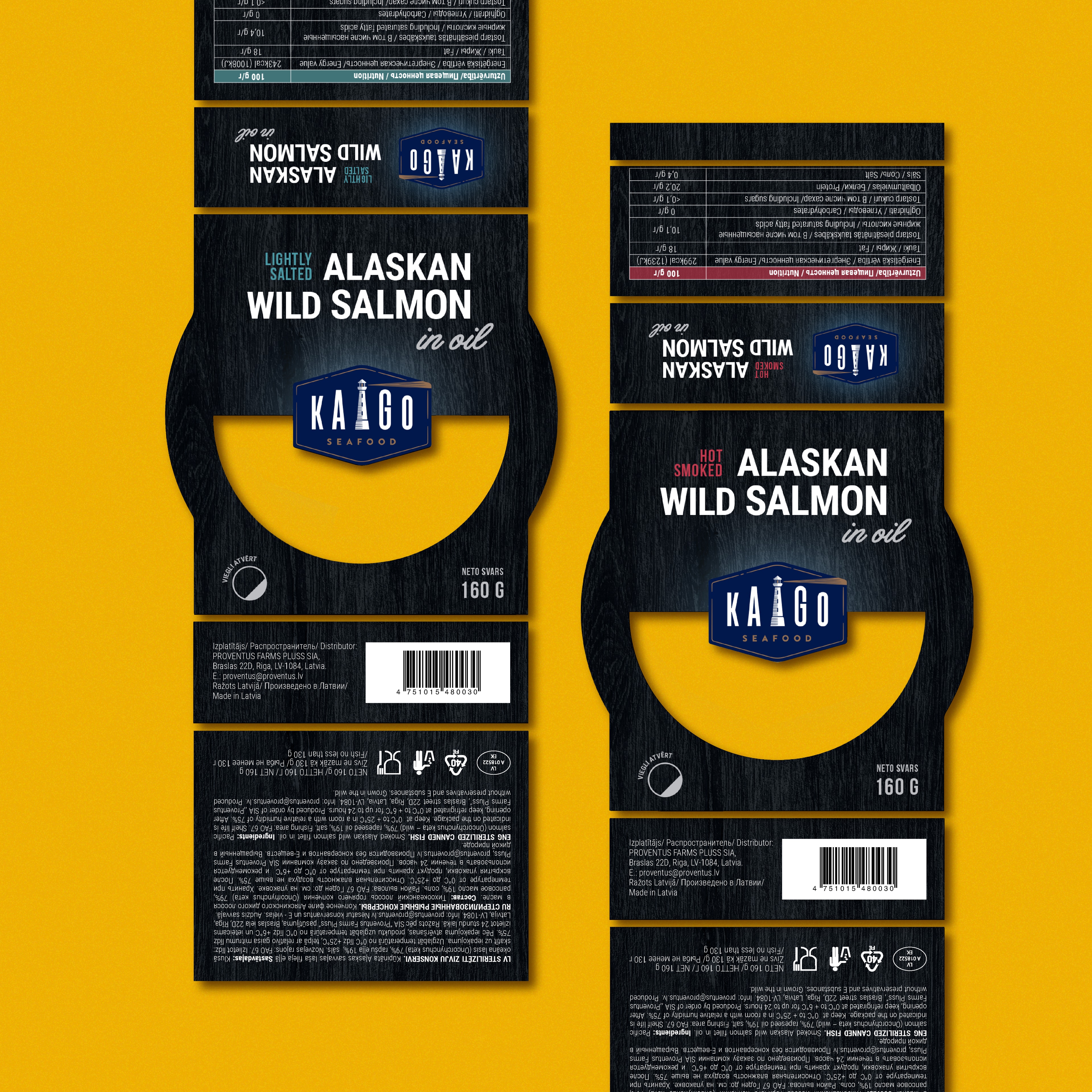 Flat view of Kaigo canned salmon packaging
