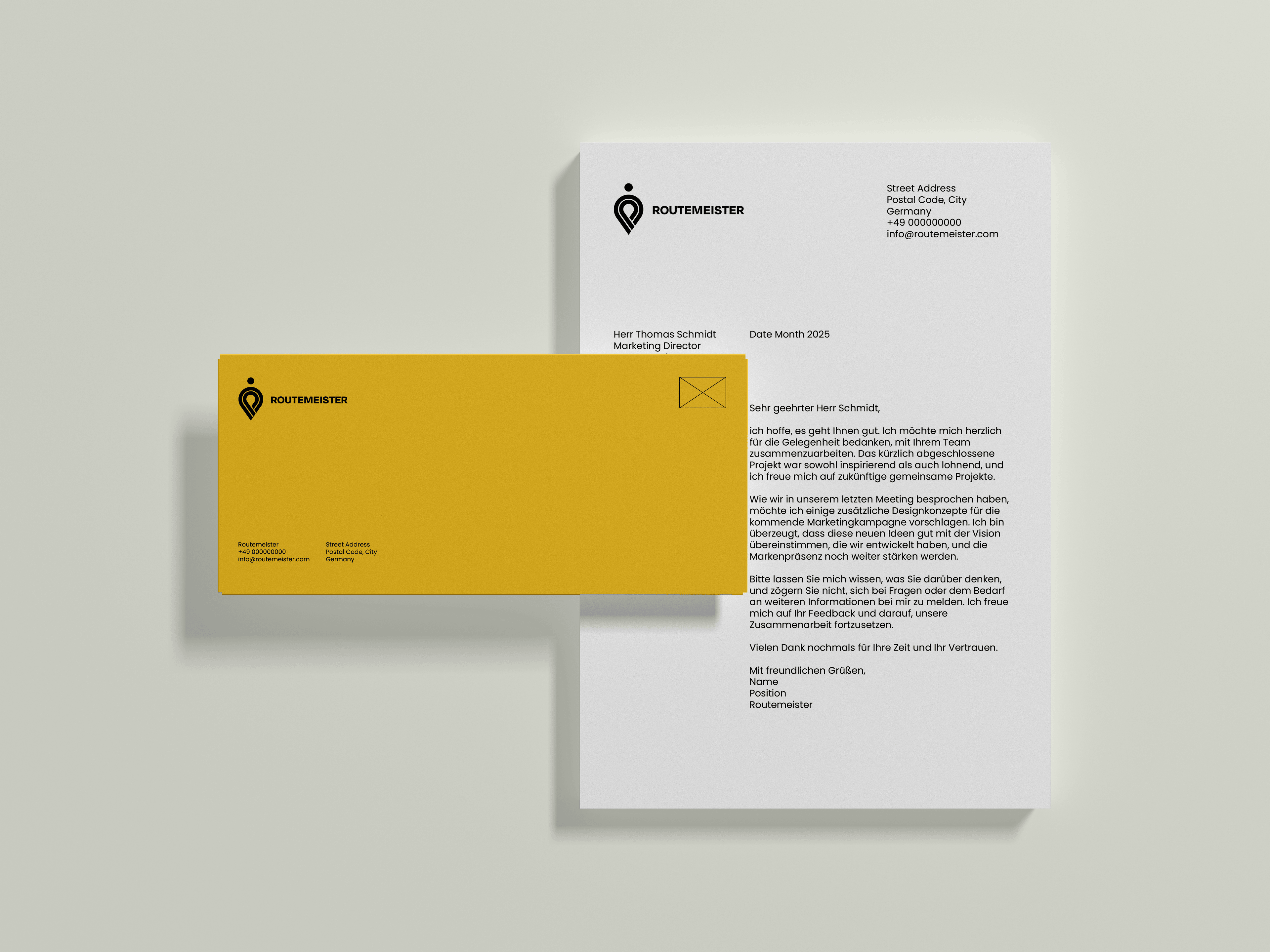 Routemeister branded envelope and document